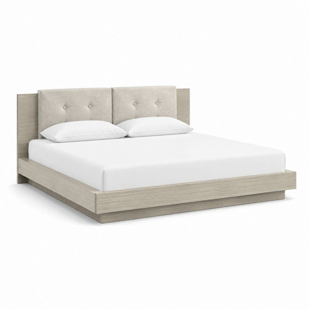 Doppelbett Bettgestell Eiche hell mit beigefarbenem Polyester-Kopfteil rechteckig 160 x 200 cm