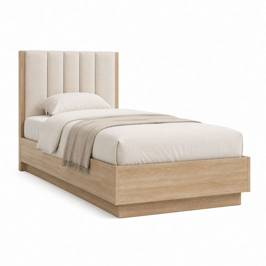 Einzelbett Bettgestell Eiche Natur mit gepolstertem Kopfteil Beige 90 x 200 cm