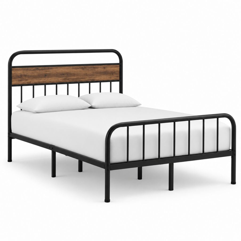Metallbett Bettgestell Schwarz mit MDF-Holzdekor Rechteckig 140 x 200 cm