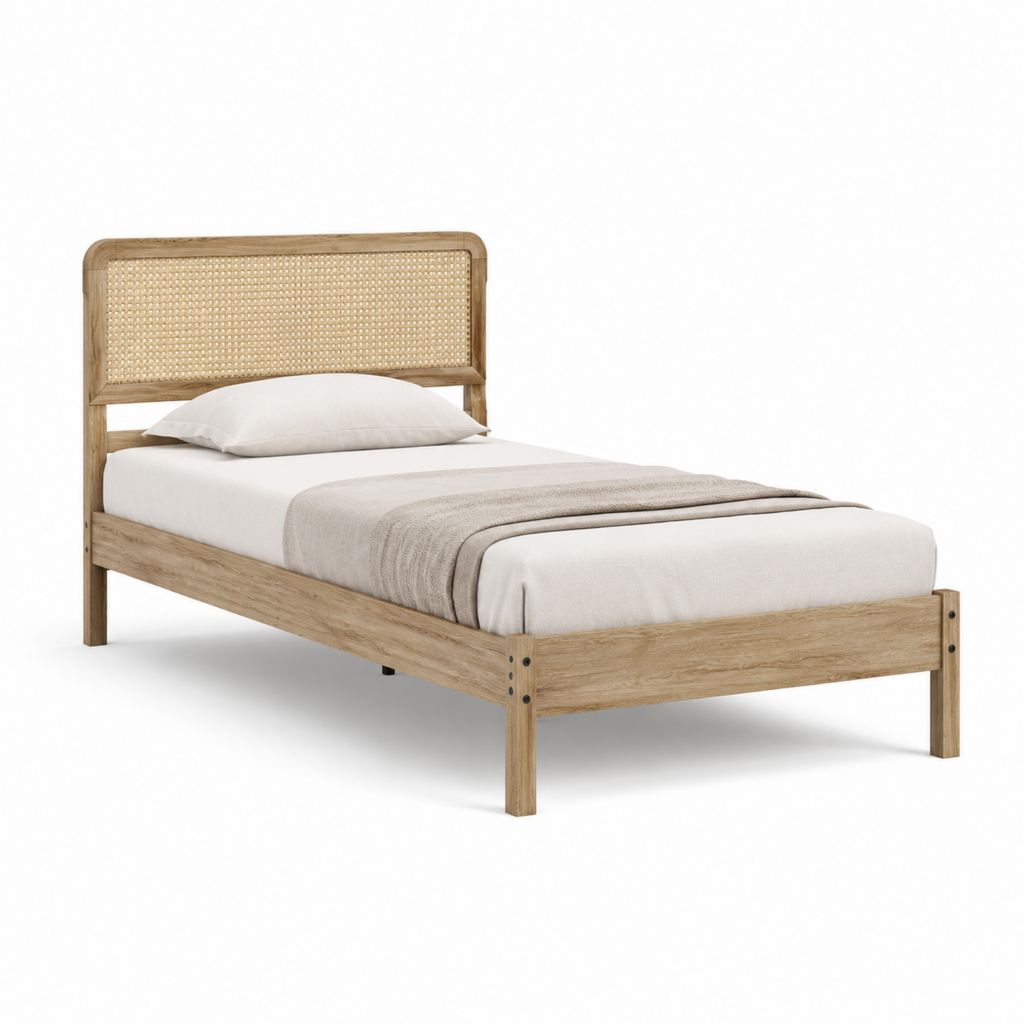Einzelbett Bettgestell Natur Massivholz mit Rattangeflecht 90 x 200 cm 100 x 210 x 110 cm