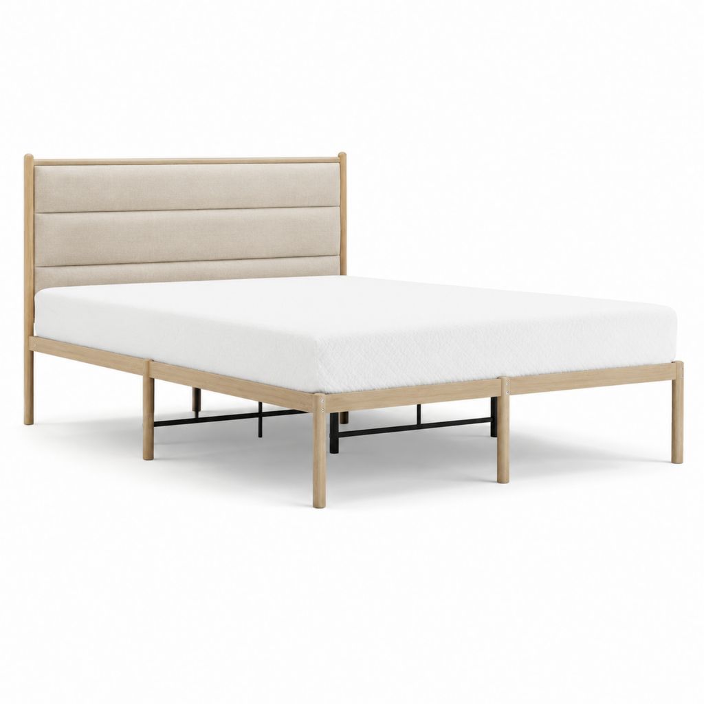 Polsterbettgestell Doppelbett Naturbeige Massivholz Polyester Rechteckig 160 x 200 cm