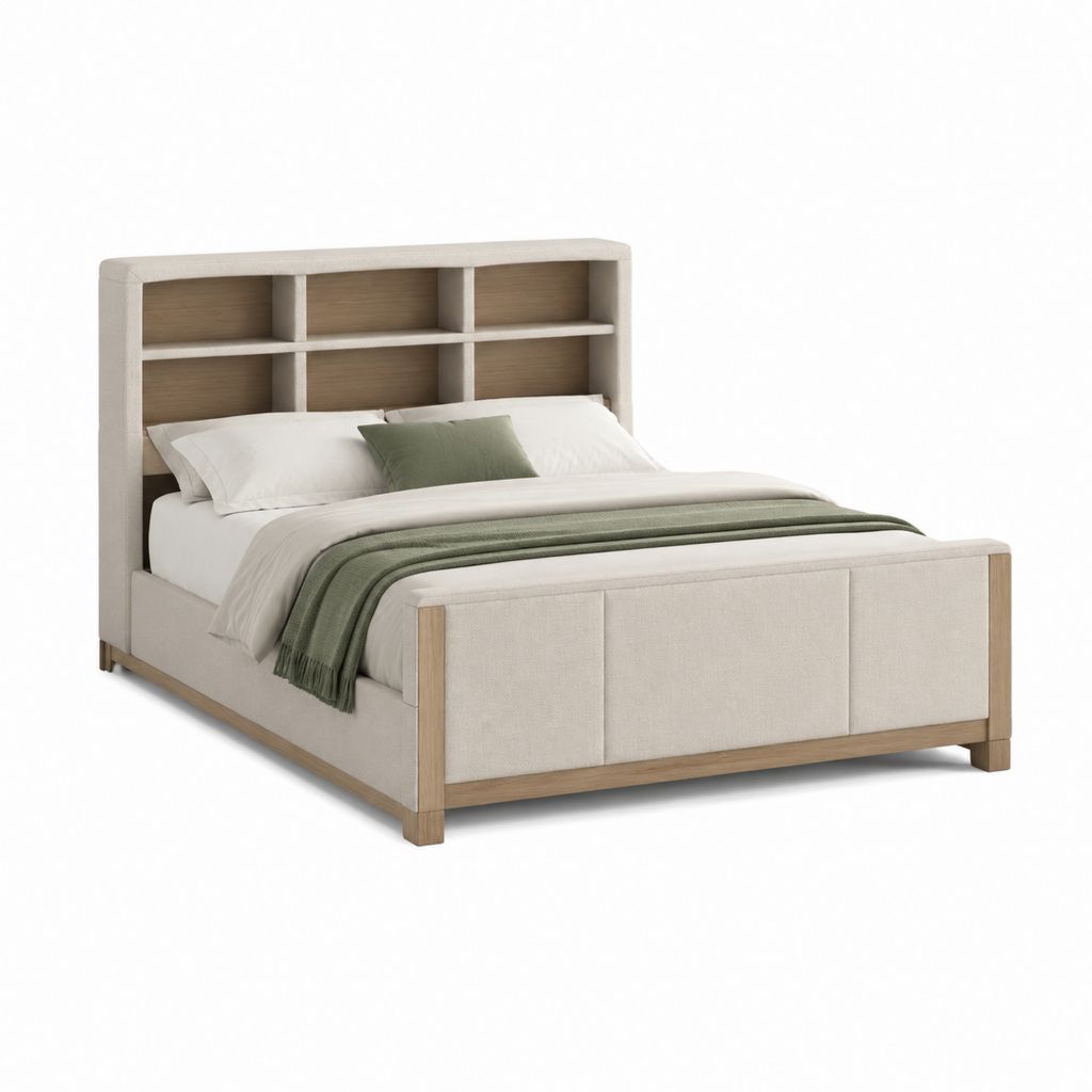 Polsterbett mit Regal Kopfteil Beige Eichenoptik Polyester MDF rechteckig Liegefläche 160 x 200 cm