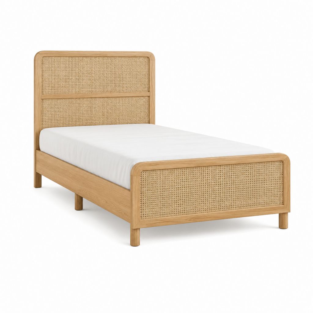 Einzelbett Bettgestell Naturbraun Massives Eichenholz Rattan Rechteckig 90 x 200 cm