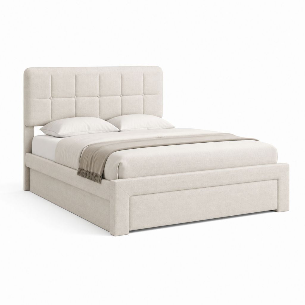 Polsterbett Doppelbett Beige mit Polyesterbezug und gepolstertem Rechteckkopfteil 160 x 200 cm